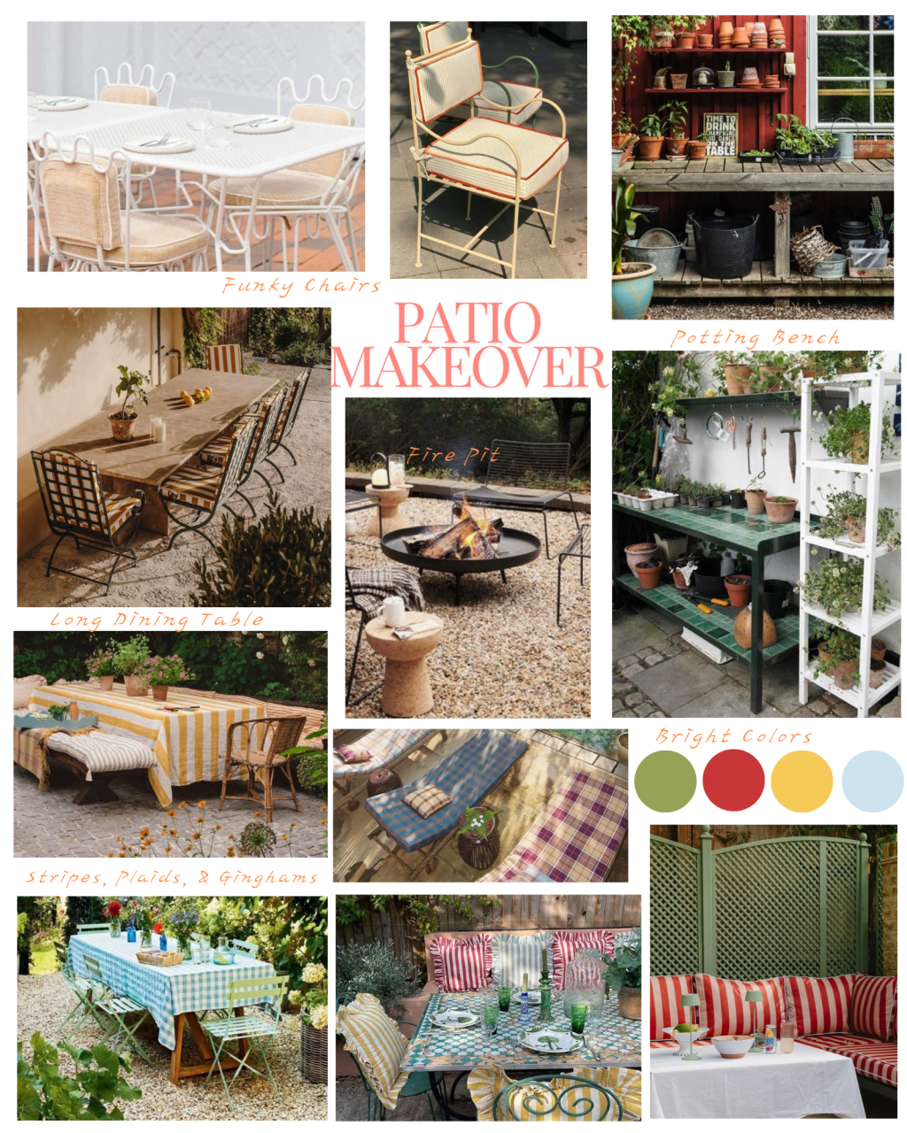 A collage of images that show patio furniture, potting benches, outdoor dining tables, and colorful cushions.